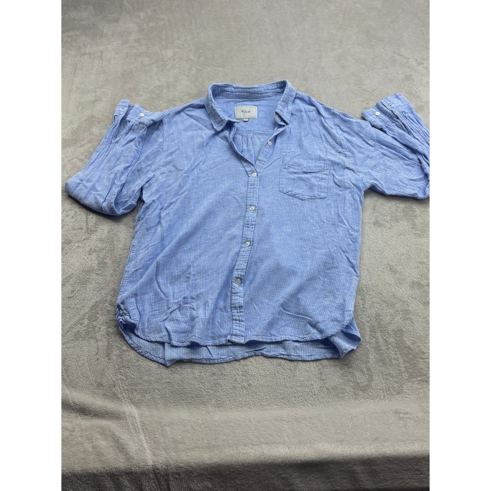 Rails Charli Button Down Women's L Blue Cove Stripe Linen Blend Coastal Grandma